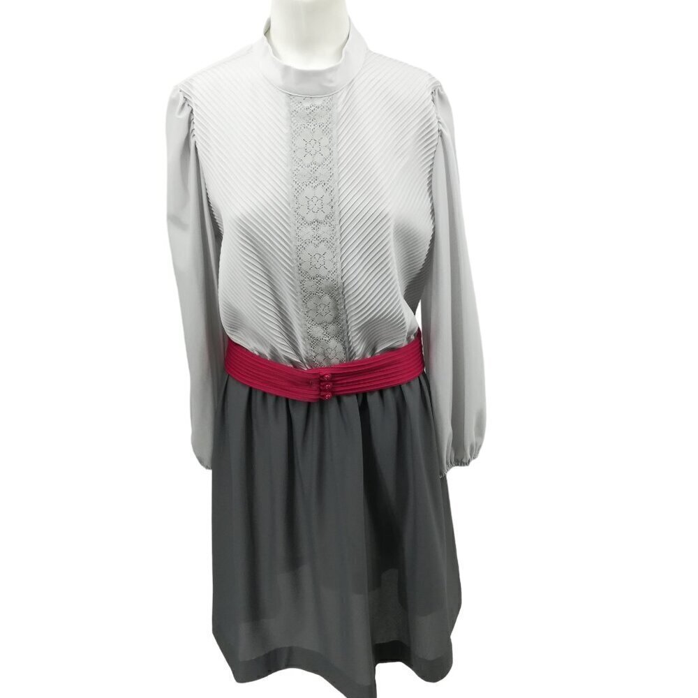 Vintage Jennifer Gee Long Sleeve Lace Pleated Belted Sheath Dress Size 14 Gray